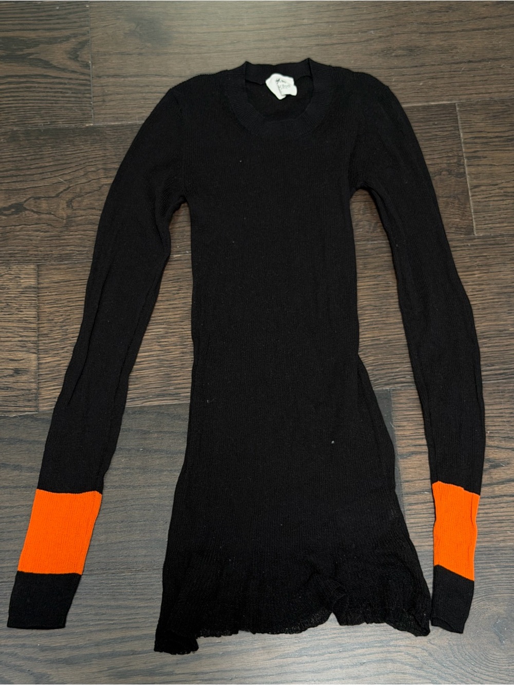 Black Ribbed Long-Sleeve Shirt with Orange Cuff Accents